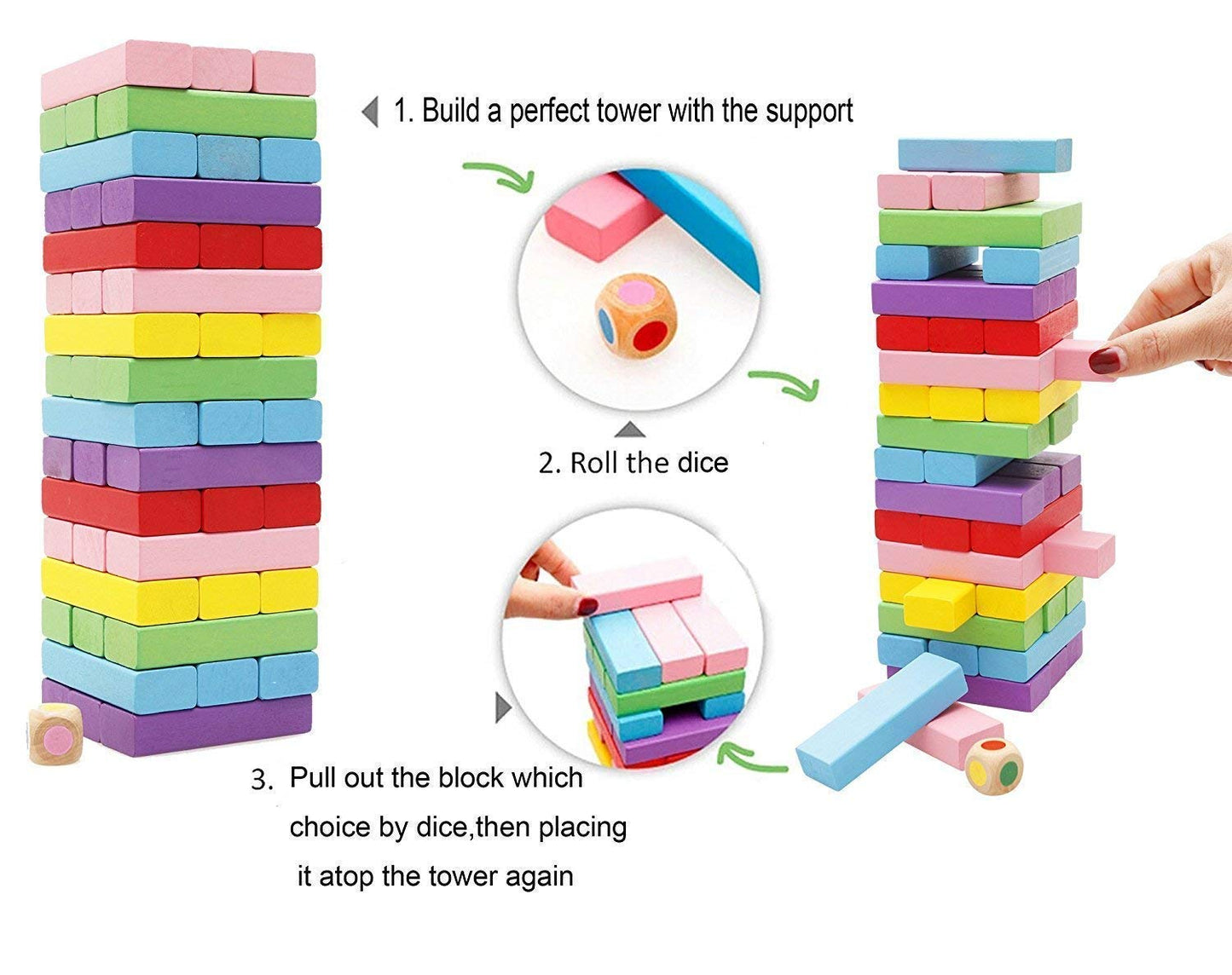 Wooden Tumbling Tower Game – 54 Blocks & 2 Dice