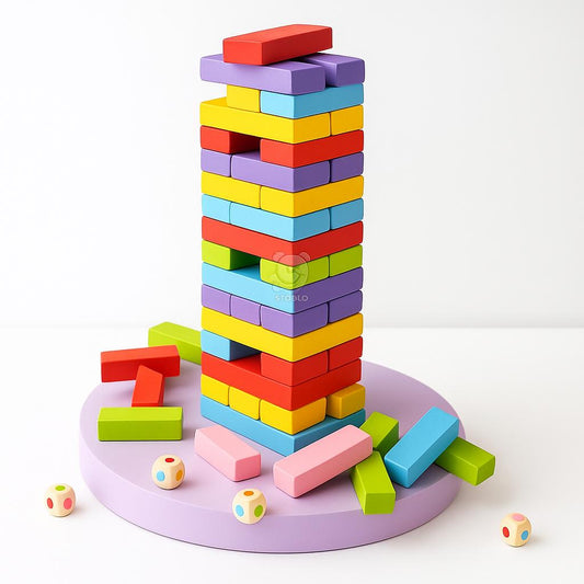 Wooden Tumbling Tower Game – 54 Blocks & 2 Dice